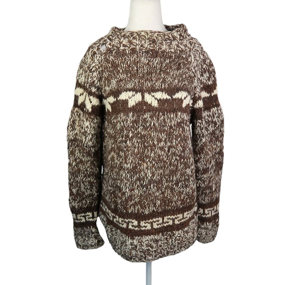 Vintage 70s Brown and Cream Marled Knit Wool Sweater L